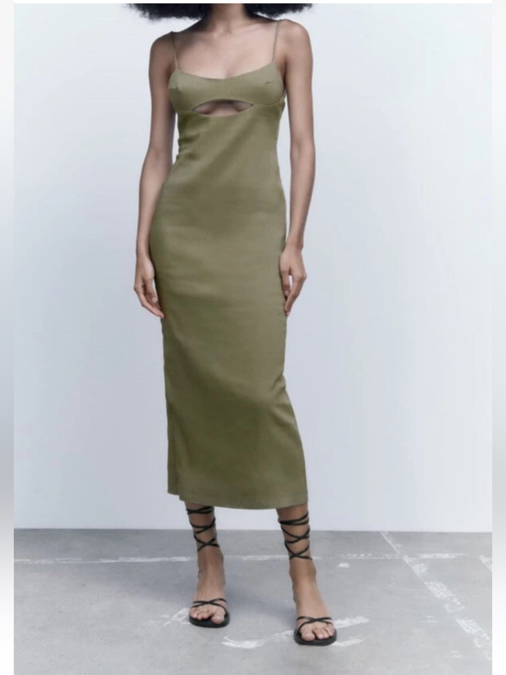 ZARA GREEN KHAKI LINEN BLEND DRESS WITH CUT-OUT SIZE M
